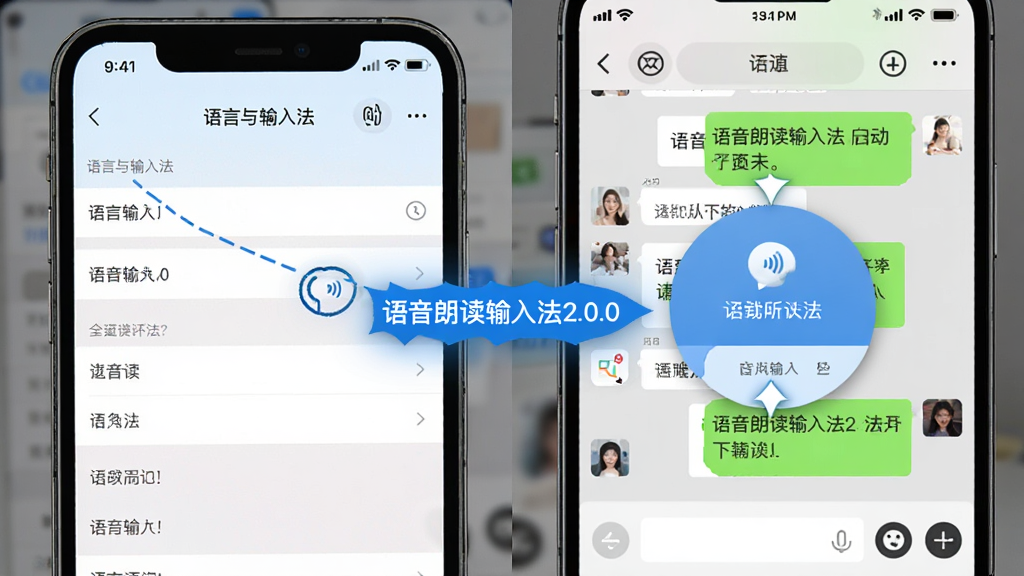 一个分屏操作示意图,左边是手机设置界面中的“语言与输入法”选项,右边是语音朗读输入法2.0.0的悬浮球在微信聊天界面中运行的截图,重点标注“语音朗读输入法”的启动步骤,排版清晰,画质干净