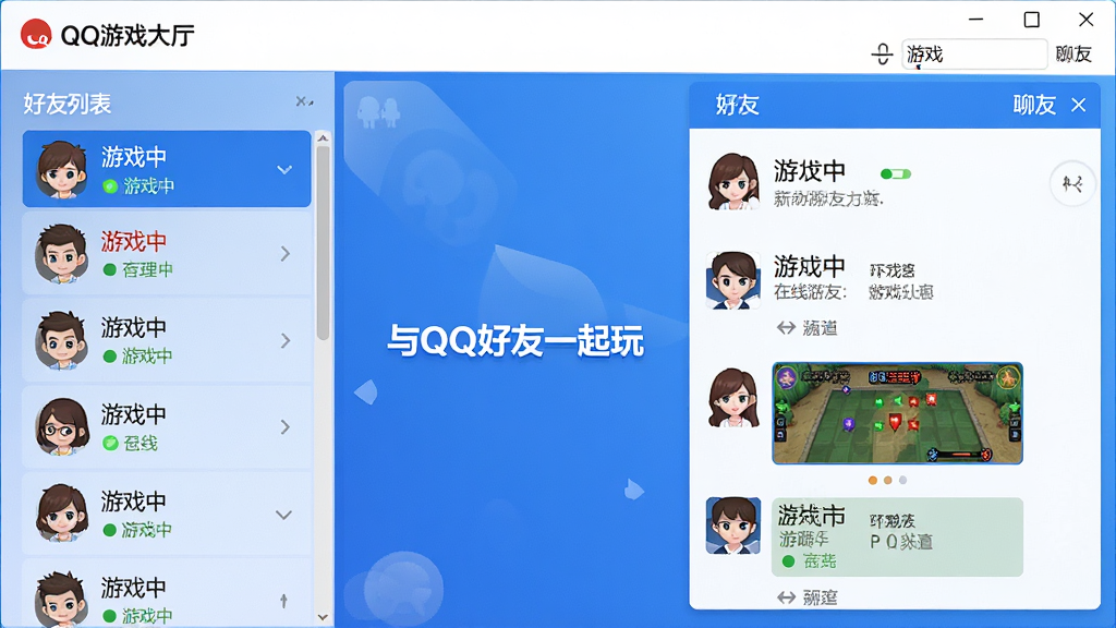���壺QQ��Ϸ�����к����б������촰�ڵĽ���չʾ����ʾ��������״̬�����ڽ��е���Ϸ�����֣����ҷ������֣����Ϊ��Ϸ�б����Ҳ�Ϊ��������ѻ��������Ű棺��Ϣ�㼶�������������İ�ť��״ָ̬ʾ����񣺼����ִ�UI��Ʒ����ɫ��Ϊ����ϸ�ڣ�������ͻ������QQ����һ���桱�ı������ͷ�����С���Ϸ�С�״̬��ǩ�����ʣ������������߷ֱ��ʣ��ɾ����޶���Ԫ�ء�