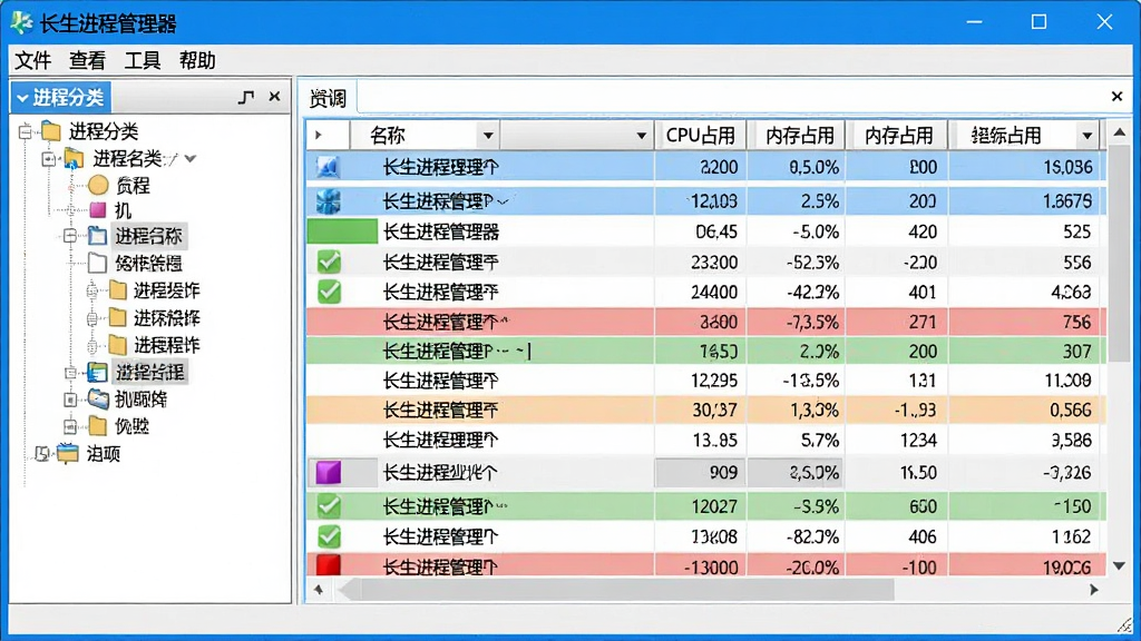 主体为“长生进程管理器”软件主界面窗口,布局为左侧进程分类树状列表,右侧为进程详细表格,表格显示进程名称、CPU占用率、内存占用数值,顶部有菜单栏包含“文件、查看、工具、帮助”,界面采用蓝白商务风格,排版整齐清晰,细节体现每个进程行有不同颜色的状态标记,画质高清干净,无多余元素。