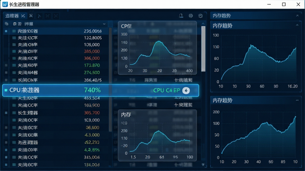 生成一张“长生进程管理器”运行时的监控截图预览,主体为高亮显示CPU占用率最高的进程行,周围用半透明数据卡片展示实时CPU曲线和内存趋势图,布局为左右分栏,左为进程列表,右为性能图表,风格为科技蓝深色系,细节中进程名称清晰可见,画质干净精致,无多余元素。