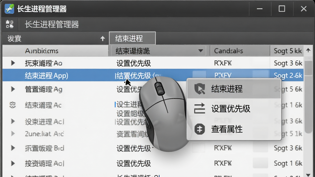 生成“长生进程管理器”操作界面特写,主体为鼠标悬停在某个进程上,弹出操作菜单包含“结束进程”、“设置优先级”、“查看属性”等选项,布局为进程列表右侧浮出半透明菜单,风格采用商务灰色质感,细节菜单项有简单图标,文字清晰,画质高清,无多余元素。