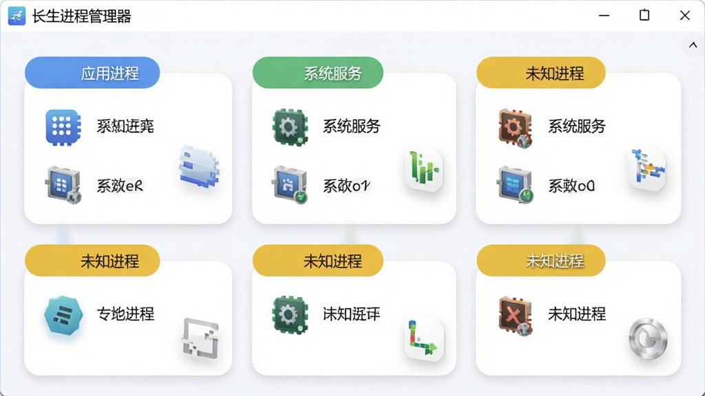 画面展示“长生进程管理器”的进程分类界面,主体为多个圆角卡片式分组,每组上方有彩色标签,如“应用进程”为蓝色、“系统服务”为绿色、“未知进程”为黄色,布局为网格状排列,卡片内列出典型进程图标与名称,风格简约清新浅色背景,细节有进程图标悬浮效果,画质干净,无多余元素。