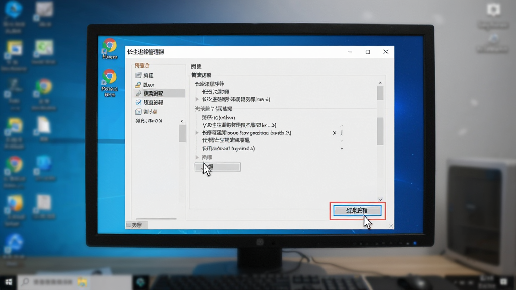 生成一张“长生进程管理器”在Windows系统上运行的桌面全屏预览,主体为软件窗口前方有虚拟电脑屏幕,背景为模糊的桌面环境,布局为电脑屏幕居中,软件界面清晰可见,风格写实干净,细节有鼠标指针悬停在“结束进程”按钮上,画质高清,无多余元素。