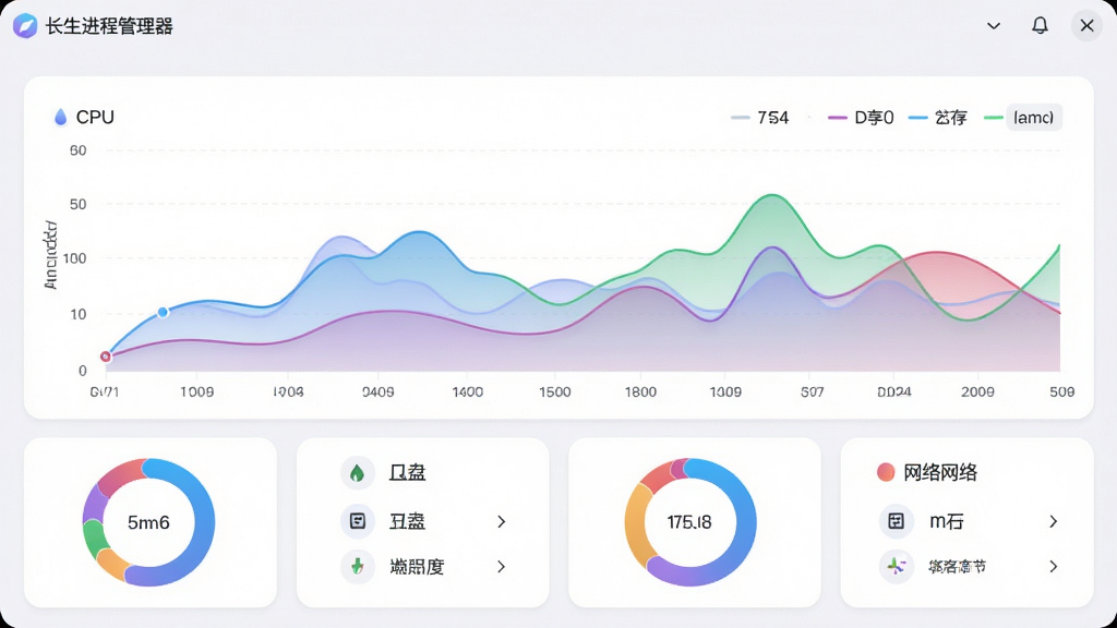 展示“长生进程管理器”的性能监控页面,主体为一个大型折线图显示CPU和内存历史记录,图下方有磁盘与网络的环形图,布局为上部图表、下部数据卡片,风格为浅色简洁带圆角,细节图表线条平滑有渐变,整体干净现代,无多余元素。