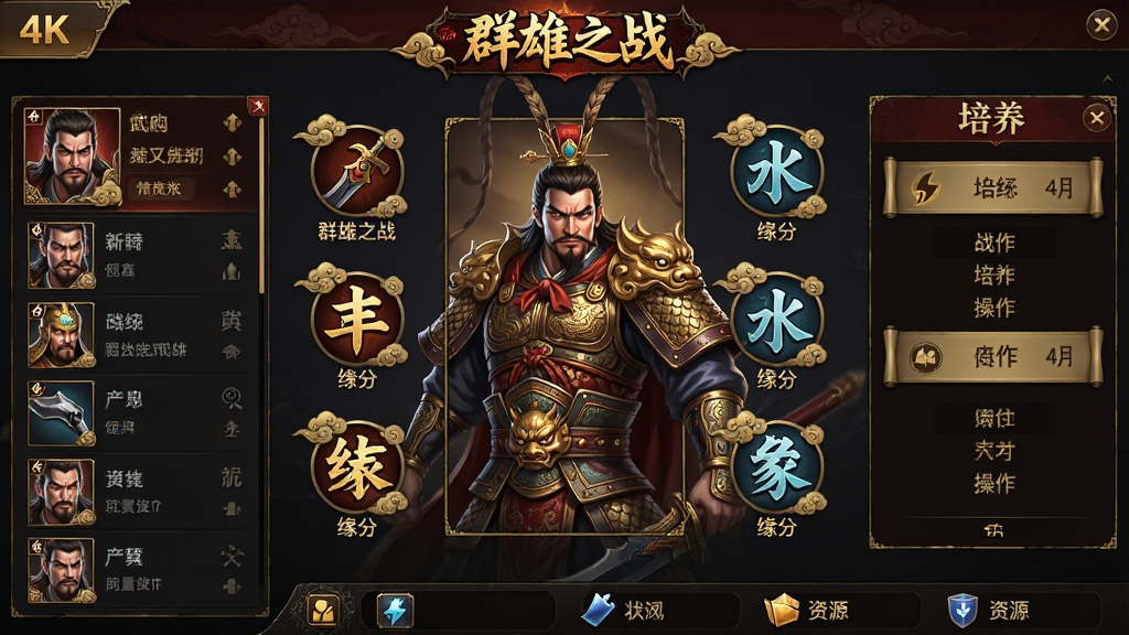 ���壺��Ⱥ��֮ս���佫���ɽ���չʾ�������������佫���棨������Ϊ��������Χ������װ����ս����Ե�ֵ�����ģ��ͼ�ꣻ���֣�������У����Ϊ�佫��Ϣ�б����Ҳ�Ϊ����������壬�ײ�Ϊ��Դ�����Ű棺����չʾ����Ϣ�㼶������������ɫ�������н�ɫUI����񣺹ŷ�UI��ƣ���ɫ�밵����ɫ���ʸл�����ϸ�ڣ��佫���澫ϸ��������·������UIͼ������������Σ����涥���С�Ⱥ��֮ս��logo�����ʣ�4k���壬����ɾ����࣬�޶���Ԫ�ء�