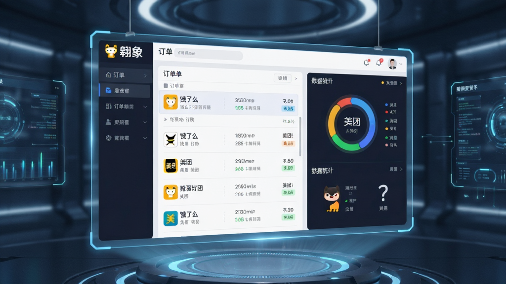 图片主体为一块悬浮在科技感背景中的全息投影屏幕,屏幕界面为“翱象”订单管理后台,呈现多平台订单流动态刷新。布局采用左右对称,左侧是订单列表,右侧为数据统计圆环。风格为现代科技感UI展示。细节需清晰显示“饿了么”、“美团”等平台图标及“翱象”logo,文字需可读。画质干净,无多余元素。