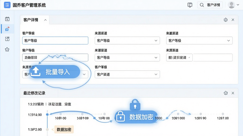 ͼƬ����Ϊ�����ǿͻ�����ϵͳ���Ŀͻ�����༭ҳ�棬����չʾ�Զ����ֶ����á����ֲ������½ṹ���Ϸ�Ϊ�������򣬰������������������˵����·�Ϊ����޸ļ�¼��ʱ���ߡ����Ϊ����B2B�������棬��ɫ��Ϊ�������ɫ���ص�ͻ�����������롱�롰���ݼ��ܡ�ͼ�ꡣϸ���ϣ�����������������ͻ��ȼ���������Դ�����������������ɾ����޶���װ�Ρ�
