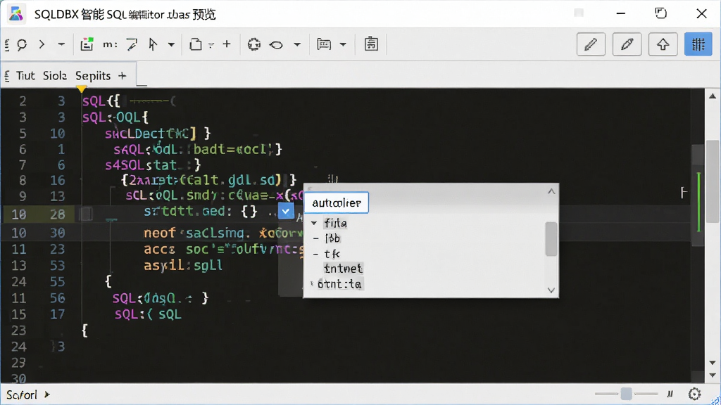 SQLDBX����SQL�༭������Ԥ��������Ϊ����༭����չʾ������ʾ��SQL���룬�����Զ���ȫ��ʾ�򣬲���Ϊ�༭�����棬�Ű��в�Σ����Ƽ��ִ���ϸ���Ͼ����кš��﷨��ɫ�͹��ܰ�ť�����������ɾ�