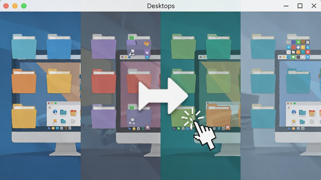 չʾ��Desktops����������ʱ�Ķ������л����棬����Ϊ�ĸ����ŵ��������棬ÿ���������в�ͬ��ɫ���ļ��кͳ��򴰿ڣ��м�����Ŀ���л���ͷ�����ֲ��ú������У��Ű����࣬���Ϊ�ִ���ƽ����ϸ�ڰ������ָ�����л������������������ɾ������޶���Ԫ�ء�