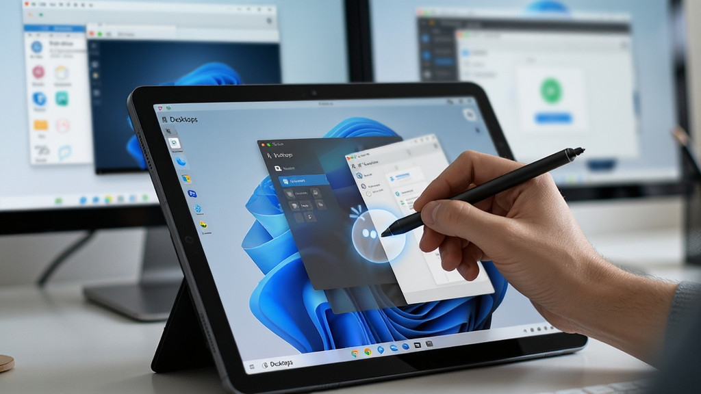 ����Ϊ��Desktops��������Windows���������е�ʹ�ó�����������ʾ�û�����ʹ�ô��رʲ���ƽ���豸�ϵĶ������л���������ģ���Ķ��Ӧ�ô��ڡ����ֲ���ƽ�ӽǶȣ��Ű���Ȼ�����Ϊ�ִ��Ƽ��У�ϸ�ڰ�����ָ��������������������ɾ��޶���Ԫ�ء�