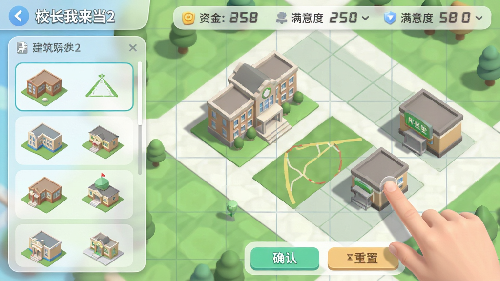 主体:一个从上往下俯瞰的校园规划界面,中间是“校长我来当2”游戏地图。布局:左侧为建筑列表,右侧为可编辑的网格地面,玩家手指拖动建筑模型放置。排版:顶部显示资金与满意度数值,底部有确认与重置按钮。风格:清新UI设计,半透明面板,现代感。细节:建筑模型有阴影,地面网格线清晰,几个建筑如教学楼、食堂已放置。画质:精细渲染,色彩柔和,干净无冗余元素。
