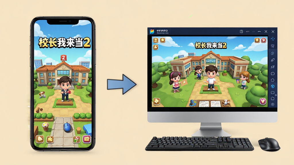 主体:一台手机与一台电脑并排展示《校长我来当2》游戏画面。布局:左侧手机屏幕中显示校园经营界面,右侧电脑模拟器窗口同样显示游戏。排版:背景为纯色,手机与电脑之间用箭头连接。风格:写实与卡通结合,突出跨平台。细节:手机画面有“校长我来当2”字样,电脑键盘鼠标放置一旁。画质:高分辨率,细节清晰,干净无杂乱元素。