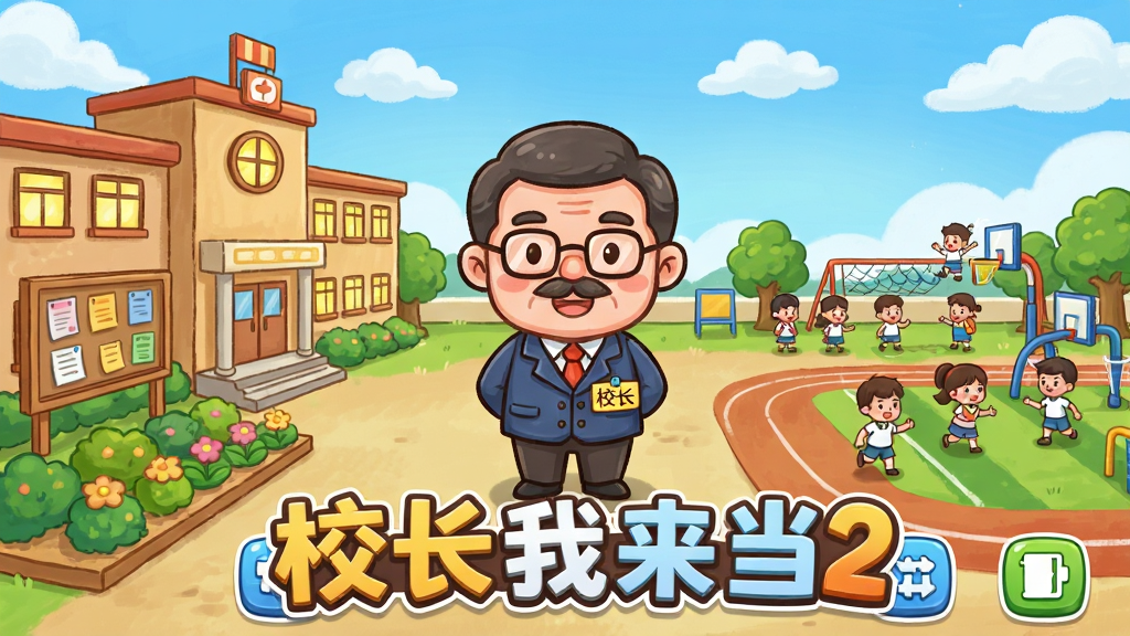 主体:游戏主界面展示,一位卡通校长站在校园操场中央,周围是教学楼、花园和操场。布局:画面中央为校长角色,左侧是教学楼与公告栏,右侧是学生活动区域,背景为蓝天白云。排版:前景有“校长我来当2”游戏标题字样,界面底部有功能按钮图标。风格:卡通手绘风格,色彩明亮,线条圆润。细节:教学楼窗户透出灯光,操场上有几个学生在活动,校长的衣服上有“校长”胸牌。画质:高清细腻,干净无多余元素。