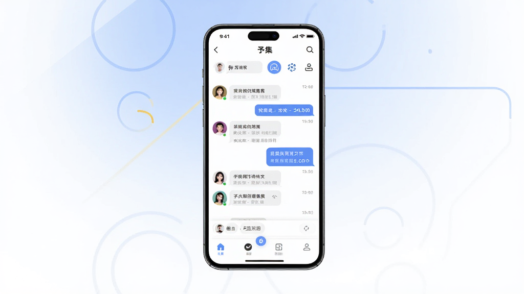 画面主体为一部亮屏的智能手机,屏幕居中展示“予集”APP的主界面,上方显示对话列表与功能图标,整体布局清晰。背景采用柔和的蓝白渐变,辅以简洁的线条与几何图形。图片排版以手机为中心,四周留白。风格为现代扁平化UI设计展示图,细节包括消息气泡、头像框、底部导航栏,画质高清干净,无多余元素。