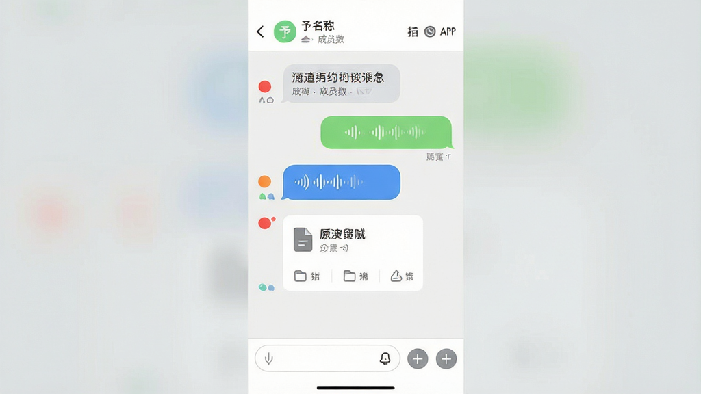 可生成一张予集APP聊天界面截图风格的图片,主体为对话列表,包含文字气泡、语音条与文件卡片,布局纵向排列。界面顶部显示群名称与成员数,底部有输入框与功能按钮。整体风格简洁清爽,以白色与浅灰色为主色调,细节上突出未读消息红点与已读回执标识,画质干净,无多余元素。