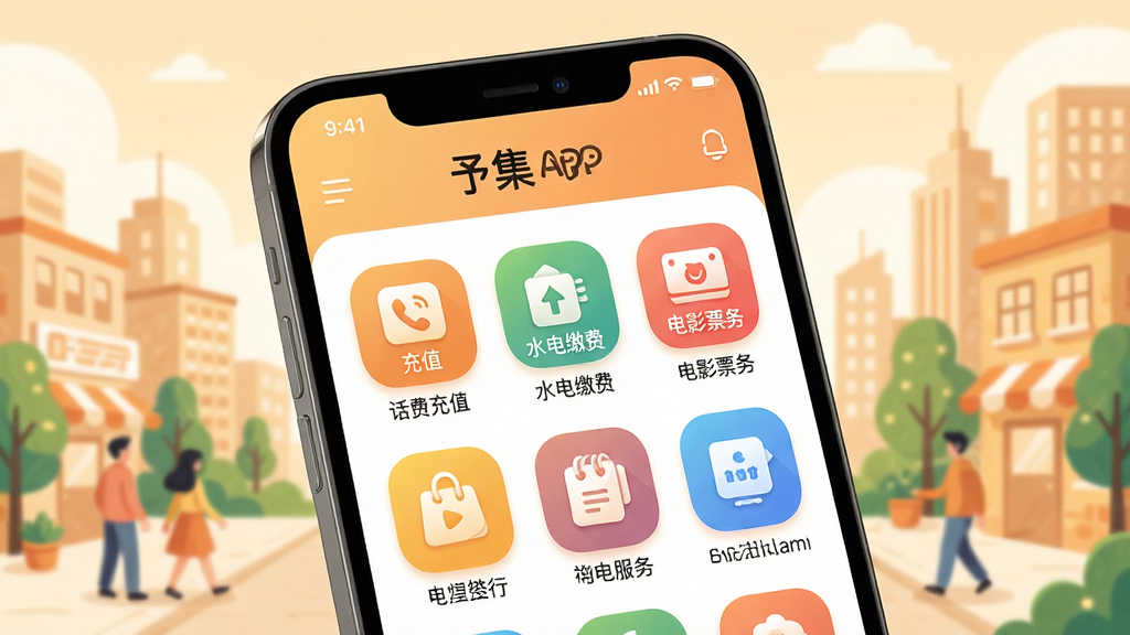 画面主体为一部手机屏幕,屏幕中展示予集APP的生活服务板块,排列着话费充值、水电缴费、电影票务等彩色功能图标。背景融入城市生活场景的插画元素,布局错落有致。风格清新明亮,以暖色调为主,细节图标设计圆润精致,画质高清,整体传递出便捷、高效的生活理念,无多余杂乱元素。