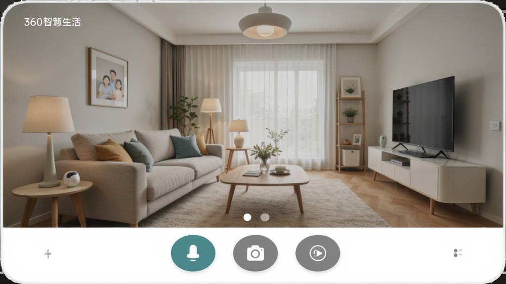 360�ǻ�����ʵʱ��ػ��棬��ʾ������������������ϸ�壬�ײ��жԽ�����ͼ��¼��ť���û���ͨ���ֻ������ͨ���������࣬�ִ����ܼҾӷ��ɫ����Ȼ�����廭�ʣ��޶���Ԫ��