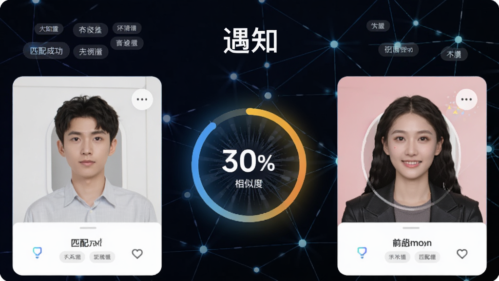 画面主体为“遇知”APP的匹配界面,两张用户卡片左右排列,中间有相似度百分比光效,背景为抽象网络节点连接图,布局对称,排版直观,风格科技感,细节包括标签云与匹配成功动画,画质高清,干净无多余元素