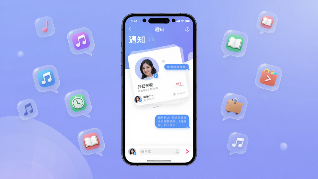画面主体为一款名为“遇知”的社交APP界面,手机屏幕居中展示,背景为柔和渐变蓝紫色,周围漂浮着半透明的兴趣图标(音乐、旅行、读书等),界面显示匹配卡片与聊天气泡,布局简洁,排版清晰,风格现代清新,细节丰富,画质高清,干净无多余元素