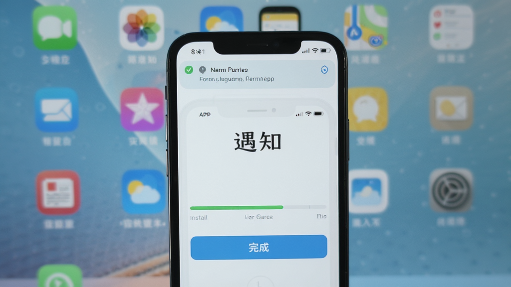 画面主体为“遇知”APP在手机上的安装界面,背景为桌面图标,前景显示安装进度条与“完成”按钮,布局居中,排版干净,风格写实,细节包括通知栏权限提示,画质清晰,无多余元素