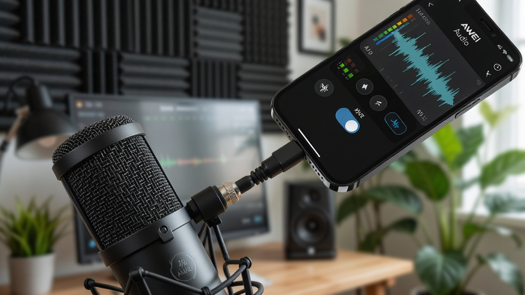 ��������Ϊרҵ¼����˷����ֻ����ӵ���д���ֻ���Ļ��ʾAWEI Audio¼�����棬����ʵʱ����������Ϊ��ͥ�鷿��������������ǽ����ֲ�����ֲ��öԽ��߹�ͼ����˷�λ�����½ǣ��ֻ�λ�����Ͻǡ����Ϊ��ʵ��Ӱ��UI�����ϣ�ϸ�ڰ�����Ļ�ϵĵ�ƽ�������뿪��ͼ�꣬���ֱ�ע