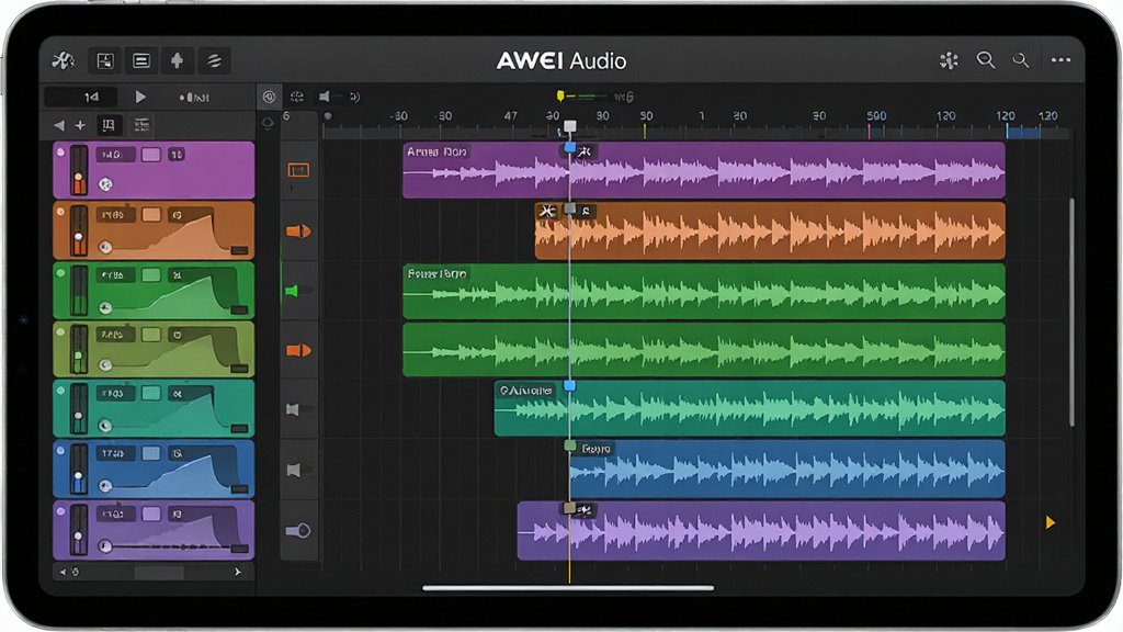 ��������Ϊƽ����Ժ���չʾAWEI Audio���༭���棬������ɫ��Ƶ���ƽ�����У�ʱ���߱����������������ͼ��ϸ�����ֹ������������ռ��Ļ�߳ɣ�����й��������塣���Ϊ���Ƽ���UI��ƣ�ϸ�ڰ���������������ǡ����������ߣ����涥����