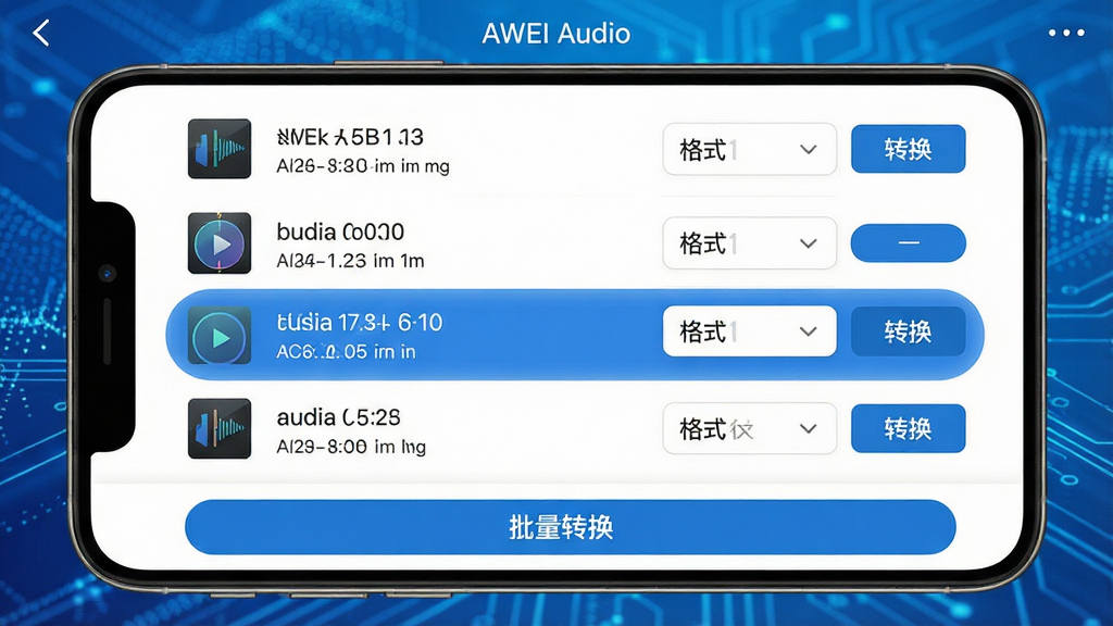 ��������Ϊ�ֻ�����չʾAWEI Audio��ʽת������ҳ���б���ʾ�����Ƶ�ļ���ÿ���ļ��Ҳ��и�ʽѡ�������˵���ת����ť��ѡ���ļ�����������Ϊ������ɫ����Ƽ����������ֲ����б�ʽ��ƣ��������ˡ����Ϊ�ִ���ԼUI��ϸ�ڰ����ļ���С��ʱ����Ϣ���ײ���
