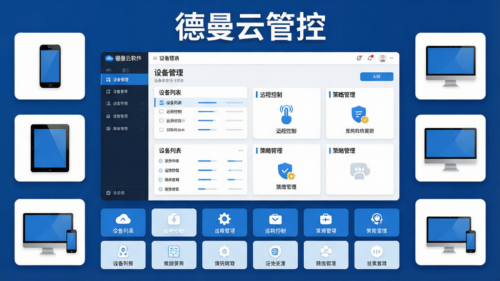 主体:德曼云管控软件主界面展示,中央显示设备管理仪表盘,四周环绕手机、平板、电脑等终端图标。布局:对称式构图,界面元素清晰,上方为软件名称“德曼云管控”字样,下方为功能图标网格排列。排版:现代扁平化风格,卡片式模块,色彩以蓝白为主,突出科技感。风格:商务科技风,干净明亮。细节:界面中可见“设备列表”“远程控制”“策略管理”等标签,图标精致,文字清晰。画质:高清渲染,干净无多余元素。