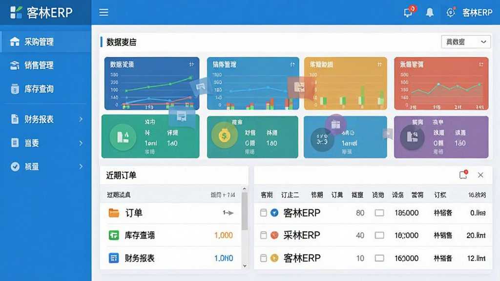 客林ERP主界面截图,画面左侧为功能导航栏:采购管理、销售管理、库存查询、财务报表等模块,右侧为彩色数据看板与近期订单列表,整体采用蓝白商务风格,界面扁平化设计,布局清晰,文字标签显示“客林ERP”,细节干净无多余元素