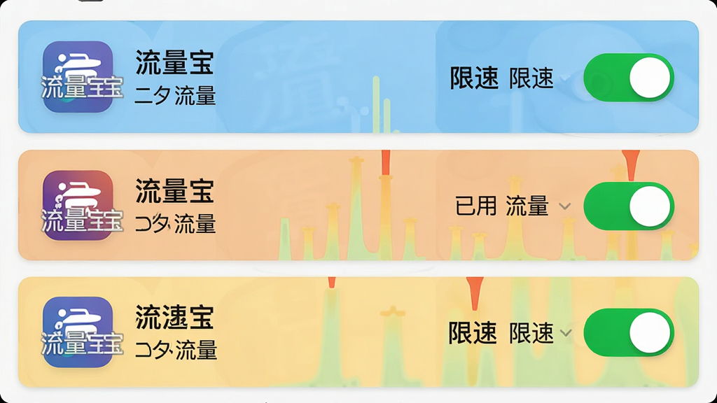 主体:流量宝软件的应用流量管理列表界面。布局:列表从上到下依次排列各个软件图标、名称、已用流量和限速开关。排版:每个应用条目采用卡片式设计,使用不同颜色区分流量使用量级。风格:清爽的列表视图,信息一目了然。细节:软件图标旁标注“流量宝”水印,限速开关为醒目的滑动按钮。画质:高清,界面干净,无多余元素。