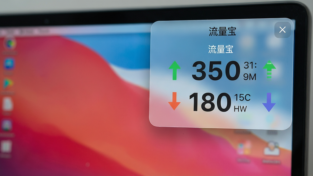 主体:电脑屏幕前,流量宝悬浮窗显示实时上传下载速度的微距特写。布局:悬浮窗置于屏幕右上角,背景为模糊处理的桌面壁纸,突出悬浮窗内容。排版:悬浮窗设计为半透明毛玻璃效果,速度数字以醒目的大号字体居中显示。风格:简洁清晰,科技感强。细节:悬浮窗上显示“流量宝”字样,上行和下行速度分别以不同颜色箭头标识。画质:高清,对焦清晰,干净,无多余元素。
