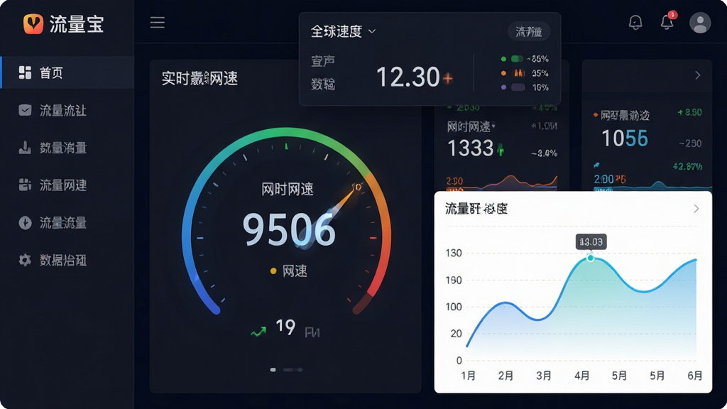 主体:流量宝软件主界面截图,展示实时网速仪表盘和流量曲线图。布局:左侧为功能导航栏,右侧为详细数据看板,顶部为全局速度悬浮窗。排版:采用深色科技感主题,数据以图表和数字形式清晰呈现,界面整洁有序。风格:现代简约的UI设计,强调数据可视化与易用性。细节:界面中突出显示“流量宝”品牌标识,网速数字动态跳动,曲线图平滑流畅。画质:高清,干净,无多余元素。
