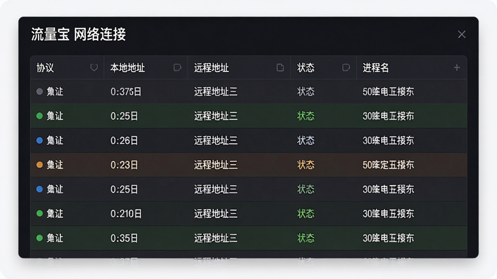 主体:流量宝的网络连接监控页面,以表格形式展示连接详情。布局:表格列包含协议、本地地址、远程地址、状态和进程名。排版:采用深色背景,不同状态的连接以不同颜色高亮显示。风格:专业的数据表格展示风格。细节:表格上方有“流量宝 网络连接”标题,数据实时滚动更新。画质:高清,锐利,干净,无多余元素。