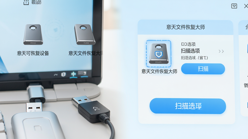 场景:U盘和移动硬盘连接电脑,屏幕显示意天文件恢复大师识别出可移动设备。布局:设备图标排布,选中一个设备后显示扫描选项。排版:简明扼要,突出设备管理。风格:明亮清新,浅蓝背景。细节:设备图标下方标注