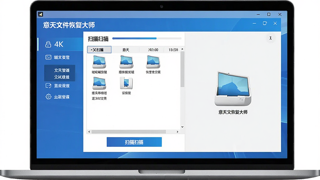场景:一台笔记本电脑屏幕显示意天文件恢复大师主界面,界面中显示磁盘分区列表和扫描按钮。布局:左侧功能栏,右侧预览窗口。排版:清晰简洁,图标现代。风格:专业科技感,蓝色主调。细节:界面文字标注