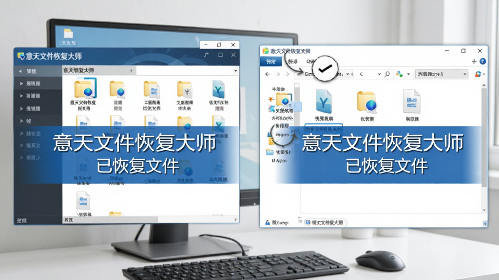 场景:电脑上运行意天文件恢复大师,恢复出的文件在文件夹中展示。布局:左侧软件界面,右侧资源管理器窗口。排版:对比呈现,突出恢复成功。风格:写实,明亮环境。细节:文件图标清晰,标注
