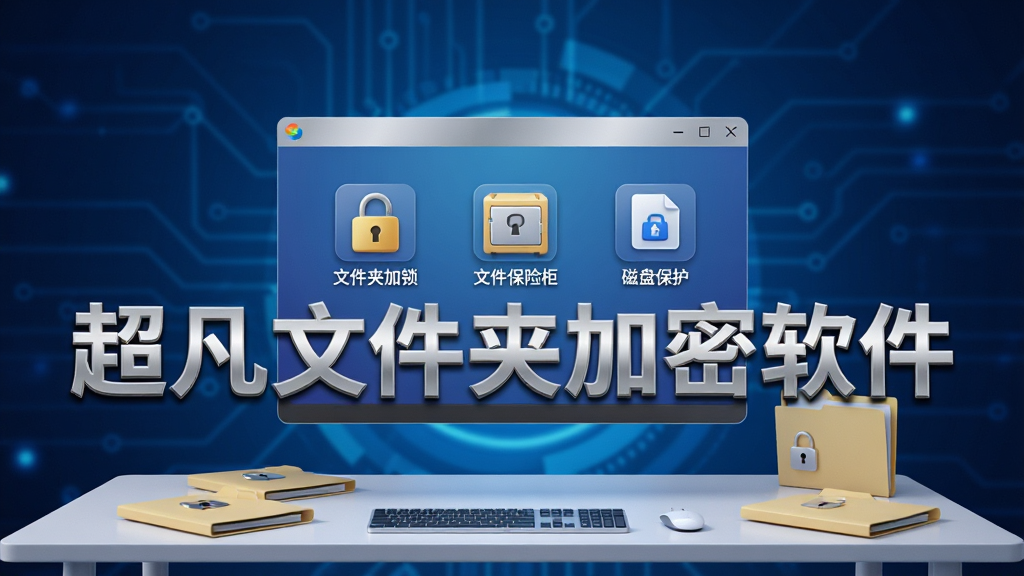 画面主体为“超凡文件夹加密软件”的电脑主界面悬浮在半空中,界面清晰展示着“文件夹加锁”、“文件保险柜”、“磁盘保护”等功能图标。下方是一张整洁的电脑桌,桌面上散落着几个带有锁形标识的文件夹。整体布局采用居中对称式,背景为渐变的深蓝色科技感光效。风格为现代3D渲染,质感光滑。文字“超凡文件夹加密软件”以银色金属质感呈现。画面干净,无多余元素,4K高清画质。