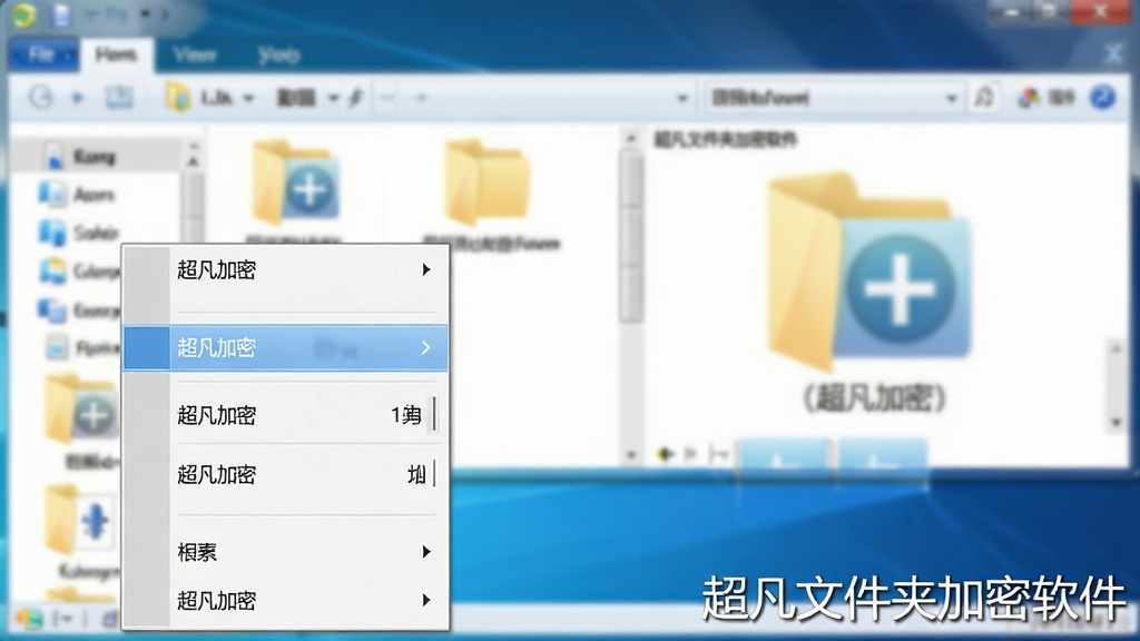 图片主体为“超凡文件夹加密软件”的鼠标右键菜单截图样式,高亮显示“超凡加密”选项。背景为模糊的Windows资源管理器窗口,能看到数个普通文件夹。布局为左侧菜单列表,右侧预览区域。风格为写实的软件截图风格,界面清晰。文字“超凡文件夹加密软件”作为软件水印置于右下角。画质干净,无多余元素。
