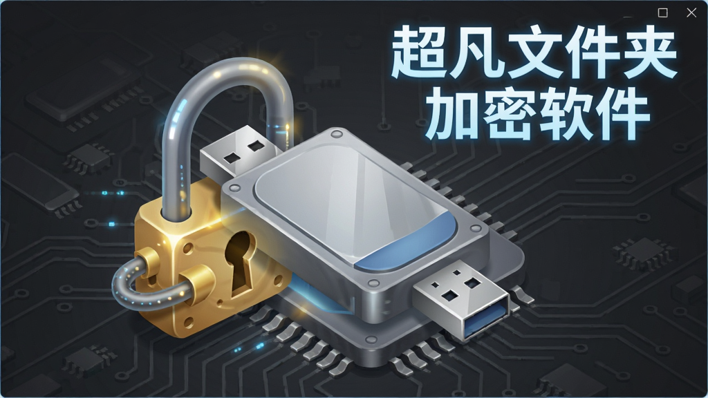 画面主体为“超凡文件夹加密软件”的磁盘保护功能界面,界面中显示一个USB移动硬盘图标被一把精致的锁环绕。背景为深灰色电路板纹理。布局采用右上方标题展示,中央为3D硬盘模型。风格为科技感插画,光影效果明显。文字“超凡文件夹加密软件”以发光字体置于屏幕上方。画质清晰,无多余元素。