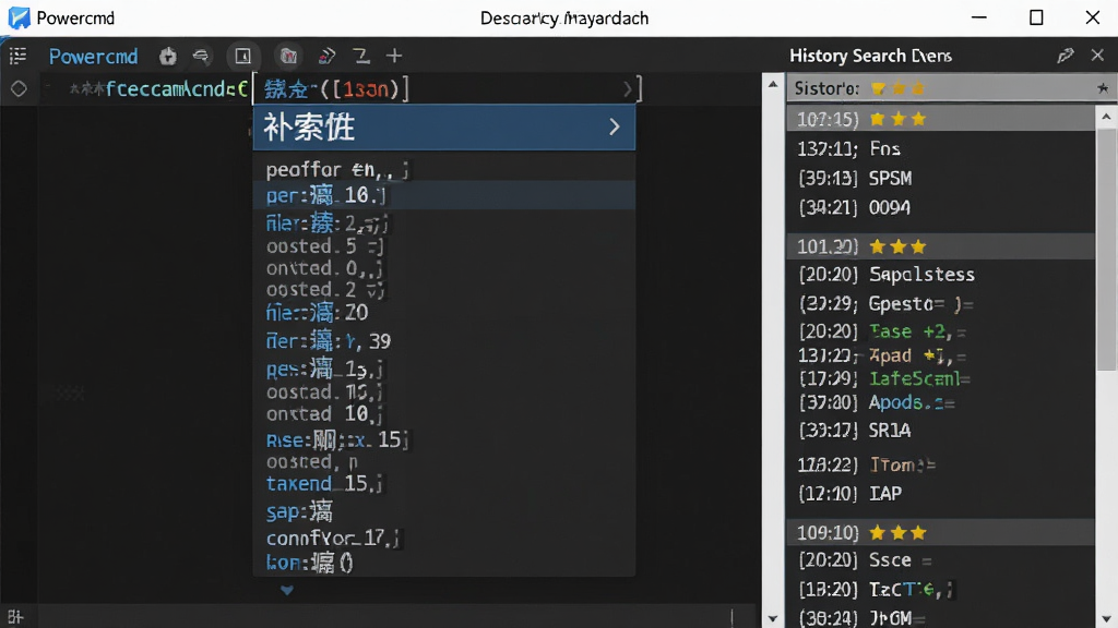 主体:Powercmd软件的命令补全与历史搜索功能。布局:命令输入行下方弹出补全候选列表,右侧显示历史搜索面板。排版:候选列表整齐,高亮匹配项。风格:浅色主题,清晰明了。细节:补全文字为蓝色,历史记录按时间分组。画质:高清,干净无多余元素