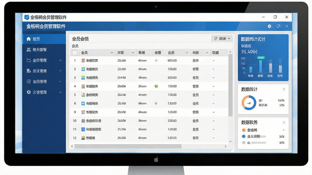 一幅以“金梧桐会员管理软件”为主题的宽幅电脑软件界面截图风格图片,主体为软件在Windows电脑屏幕上的主界面展示,界面包含左侧深蓝色导航栏、中央会员列表表格与右侧数据统计卡片面板,布局清晰有致。整体风格为现代商务软件扁平化设计,色彩以蓝白灰为主色调,界面文字清晰可读,标题栏显示“金梧桐会员管理软件”字样。细节上强调光影质感和高分辨率,画质干净,无多余元素。