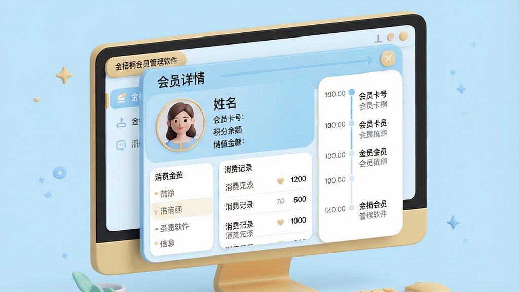 一张以“金梧桐会员管理软件”会员详情界面为核心的三维示意图,主体为电脑屏幕上放大的会员详情弹窗,页面展示一位虚拟女性会员的头像、姓名、会员卡号、积分余额、储值金额和消费记录列表,布局为左侧信息卡片、右侧时间轴消费流水。风格为清新扁平化UI插画,主色调为浅蓝与淡金色,界面圆润友好。图片细节丰富,文字清晰标注“金梧桐会员管理软件”,画质干净,无多余元素。