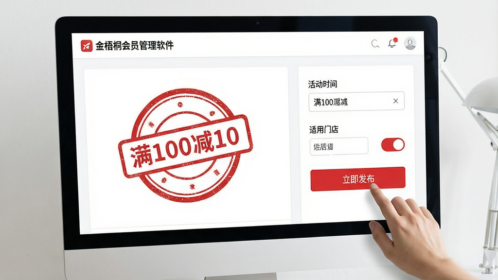 一幅以“金梧桐会员管理软件”营销活动配置界面为主题的实拍风格图片,主体为电脑后台创建优惠券的页面,页面上有圆形的“满100减10”红色印章式样券模板,右侧是活动时间选择和适用门店的开关按钮。布局采用双栏左右分布,风格现代简洁,白底配以红色点缀。细节部分突出鼠标点击“立即发布”按钮的动作,屏幕上方有“金梧桐会员管理软件”的Logo。画质高清,干净,无多余元素。