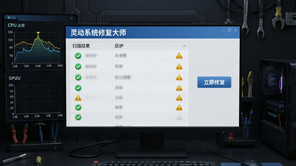 画面主体为电脑屏幕显示“灵动系统修复大师”扫描结果列表,绿色对勾与黄色警告图标交错,右侧有“立即修复”按钮,背景为深色科技感工作台,布局为三分栏结构,排版规整,写实3D风格,细节包括CPU占用率曲线图,画质干净,无多余元素