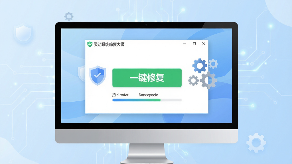 画面主体为“灵动系统修复大师”软件主界面悬浮于现代简约电脑屏幕中央,背景为淡蓝色科技感渐变,界面显示“一键修复”绿色大按钮与扫描进度条,布局居中对称,排版清爽,扁平化设计风格,细节包含盾牌图标与齿轮装饰,画质高清,干净无多余元素