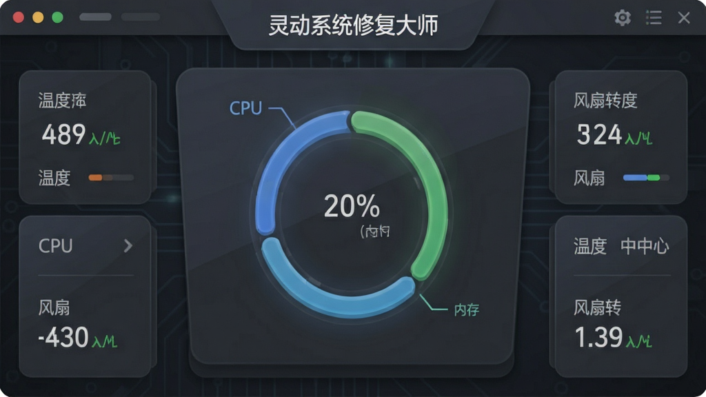 画面主体为仪表盘风格硬件监控界面,标注“灵动系统修复大师”性能优化中心,中央显示CPU与内存使用率环形图,背景为深灰科技质感,布局为面板式,排版专业,扁平与拟物结合风格,细节包含温度与风扇转速数字,画质干净清晰,无多余元素