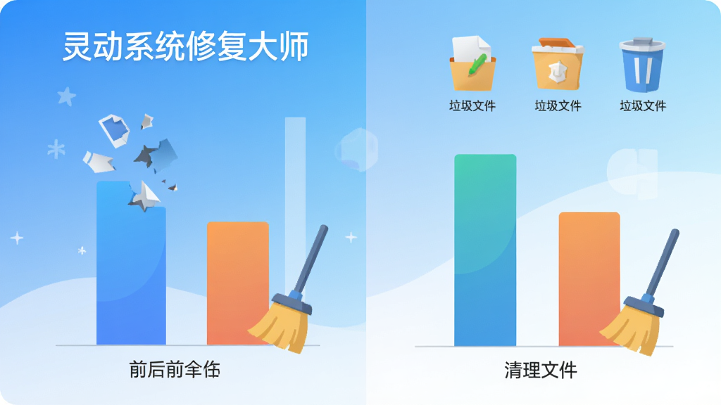 画面主体为磁盘清理前后对比柱状图,左侧标有“灵动系统修复大师”字样,右侧显示清理出的垃圾文件类型图标,背景为清爽的蓝白渐变,布局左右对称,排版简洁,扁平插画风格,细节包含文件碎片与扫帚图形,画质明亮干净,无多余元素