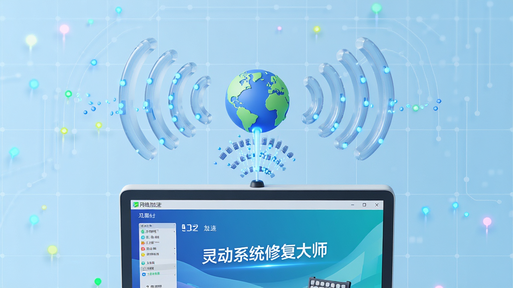 画面主体为网络信号波纹与地球图标连接,下方电脑屏幕显示“灵动系统修复大师”网络加速界面,背景为浅蓝色科技网格,布局居中,排版通透,3D渲染风格,细节包含数据光点流动,画质细腻干净,无多余元素