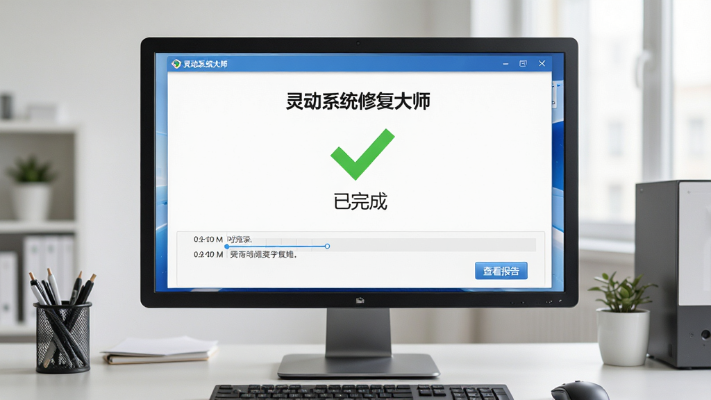 画面主体为电脑屏幕显示“灵动系统修复大师”修复完成界面,绿色对勾与“已完成”字样,背景为整洁的办公桌,布局居中,排版清爽,写实风格,细节包含时间轴记录与“查看报告”按钮,画质高清干净,无多余元素