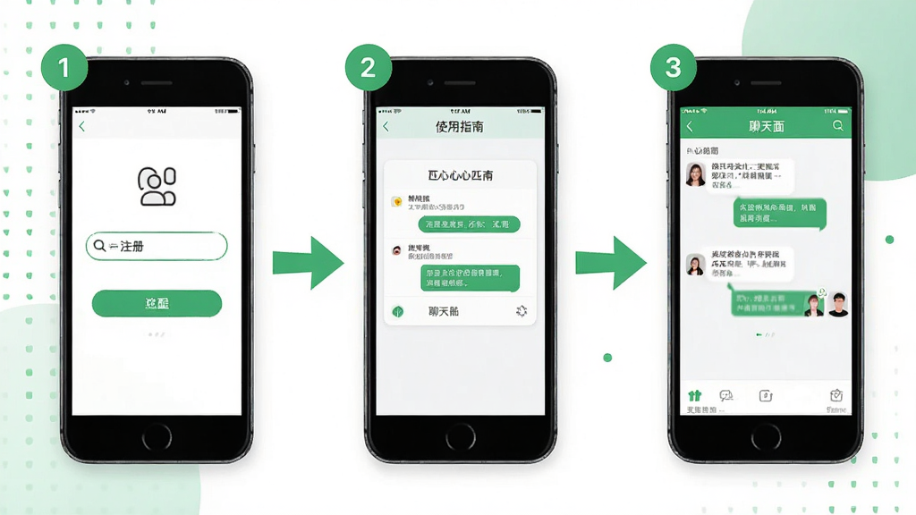 会心聊使用指南教程示意图,展示手机操作步骤流程,包含注册、匹配、聊天界面,背景为清爽白色与绿色点缀,布局分步展示,风格极简教育风,细节标注箭头与序号,画质高清干净